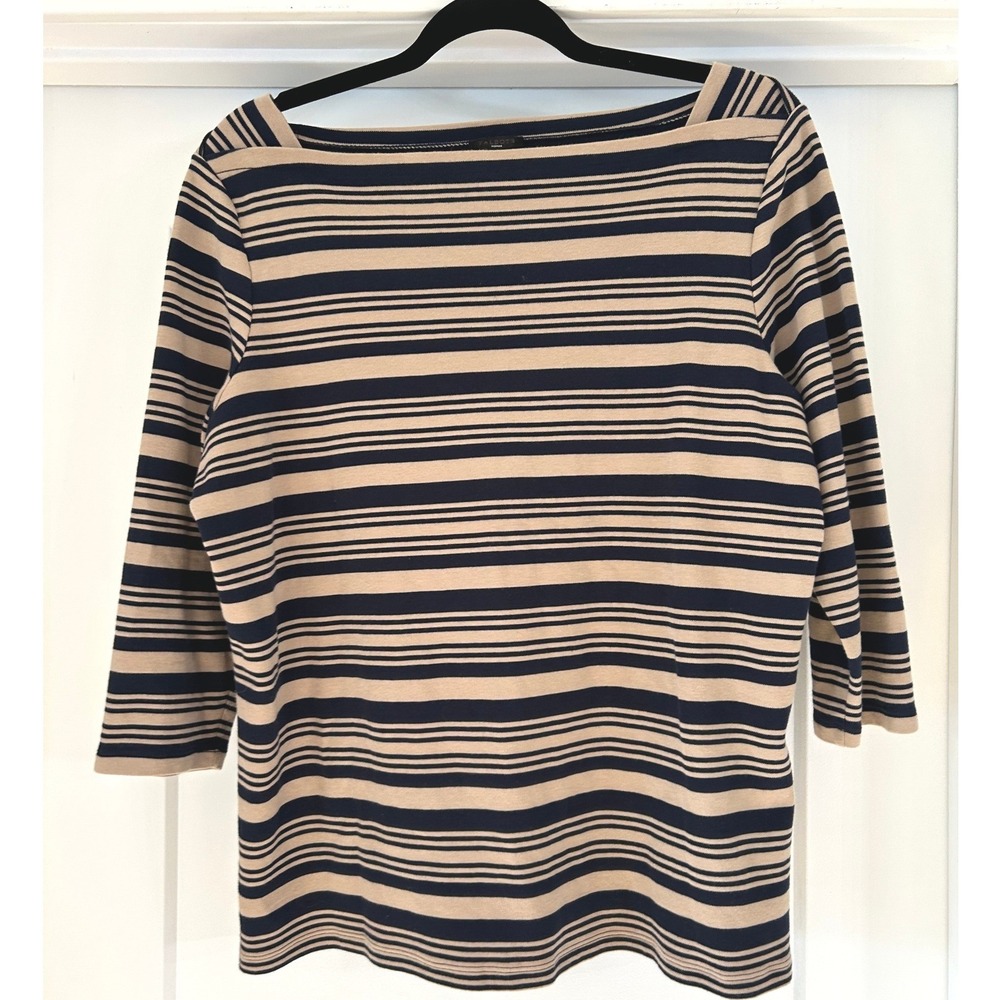Talbots Woman Navy Tan Striped Pima Boatneck 3/4 Sleeve Top 1X Preppy Coastal
